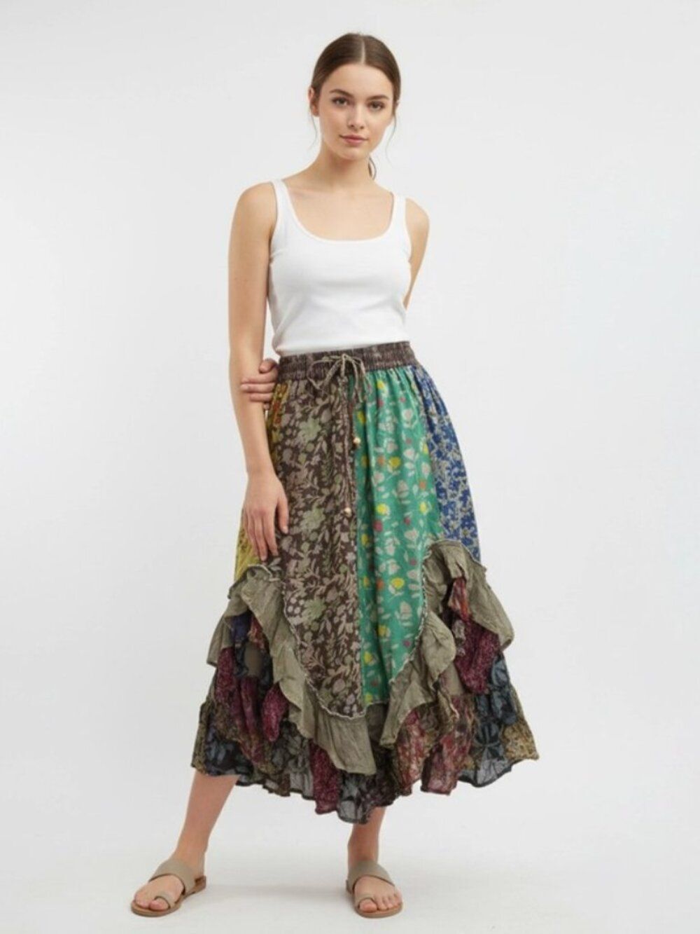 Young Threads Boho Mid-Length Skirt with Rayon Print in Gravel Size L
